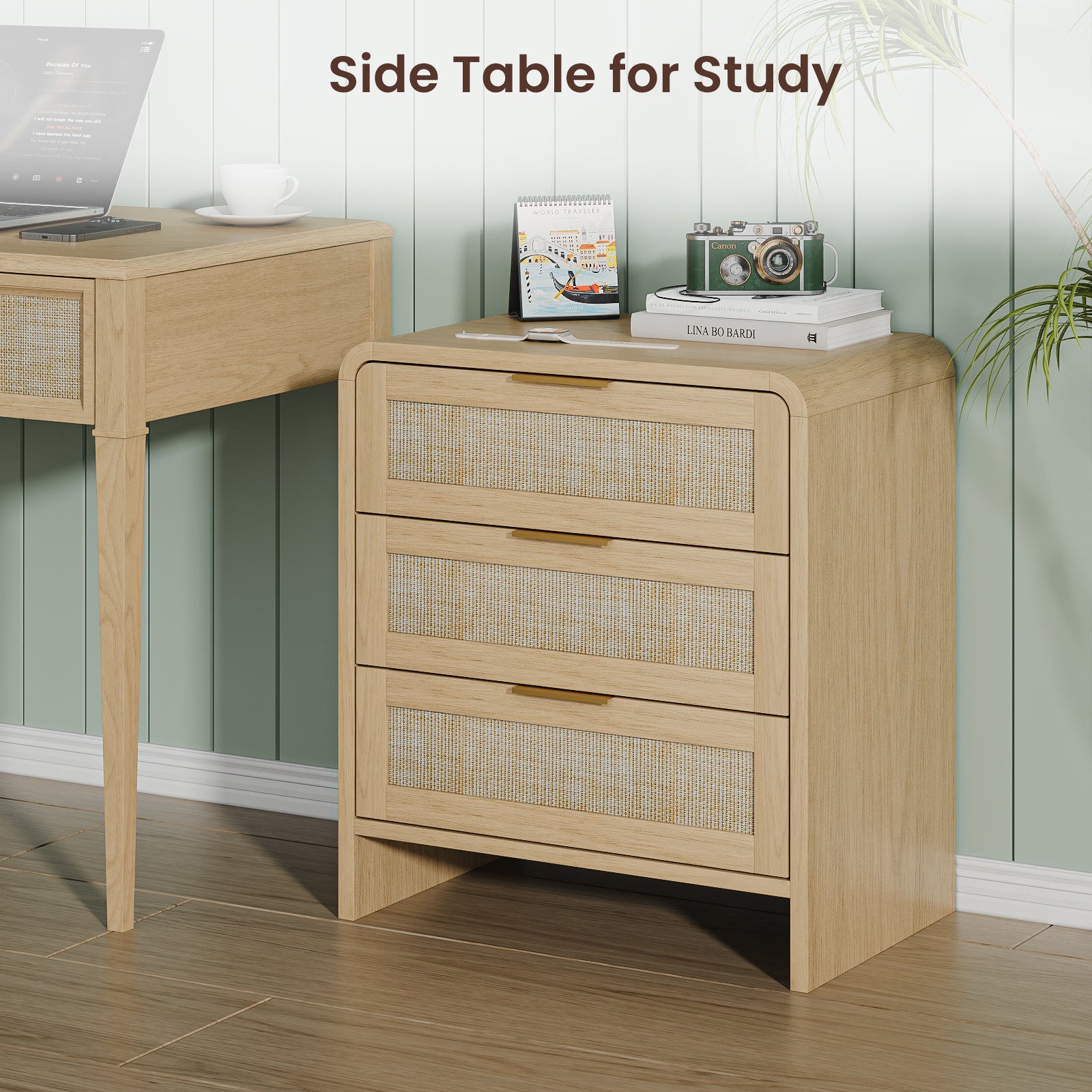 Rattan Nightstand 3 Drawers, 22.8  Wide Curved Wooden Bedside Table, Modern Storage For Bedroom, Natural Oak.