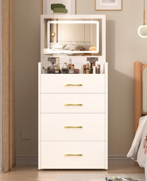 3 In 1 Vanity Desk With Open Top Mirror,Small Make Up Vanity Set With Visible Glass Desktop,Compact Makeup Vanity With 3 Drawers,Dressing Table For Bedroom - CJDS