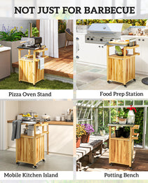 Outdoor Grill Cart w/ Stainless Steel Top, Solid Wood Outdoor Kitchen Island w/ Wheels, Integrated Hole, Natural Wood