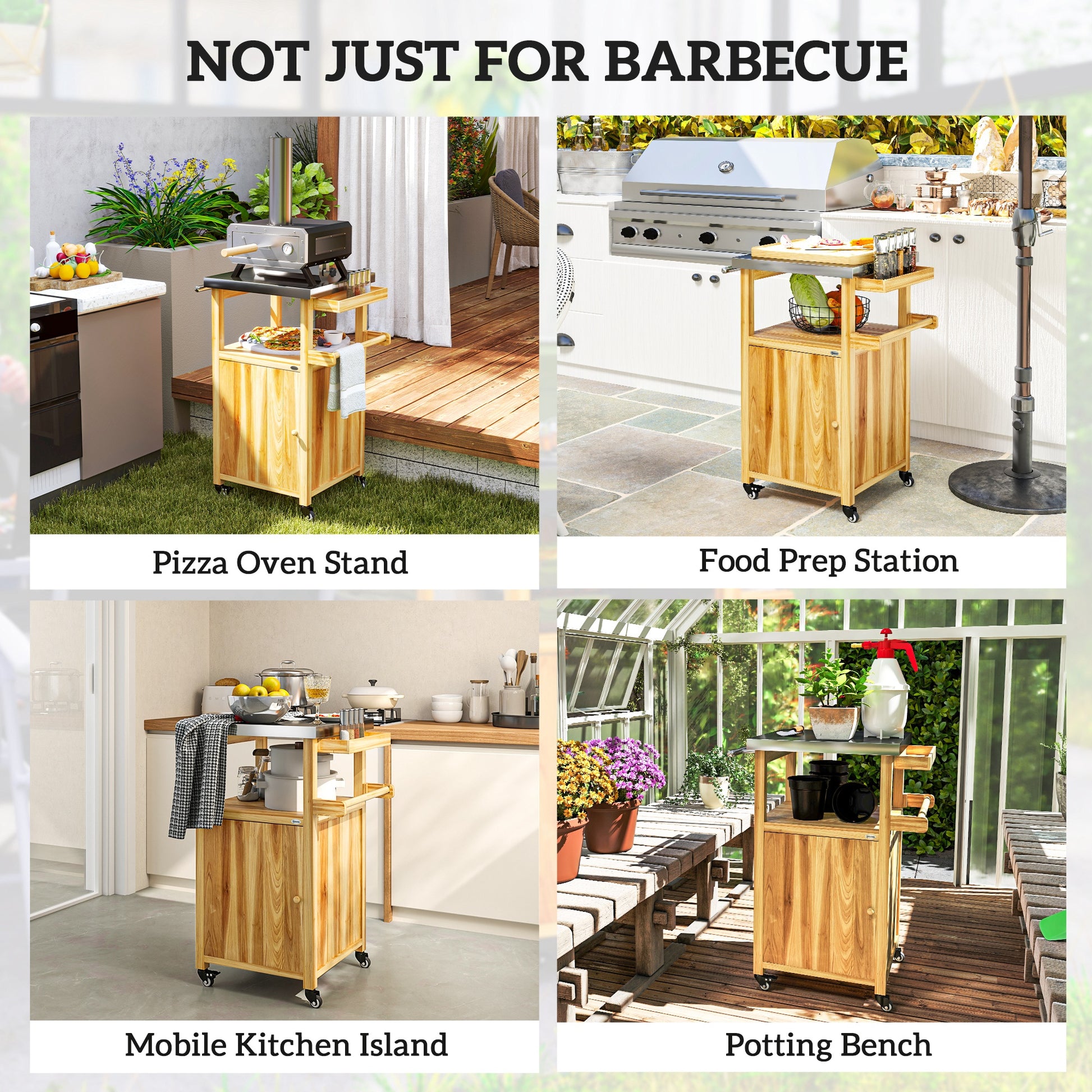 Outdoor Grill Cart w/ Stainless Steel Top, Solid Wood Outdoor Kitchen Island w/ Wheels, Integrated Hole, Natural Wood