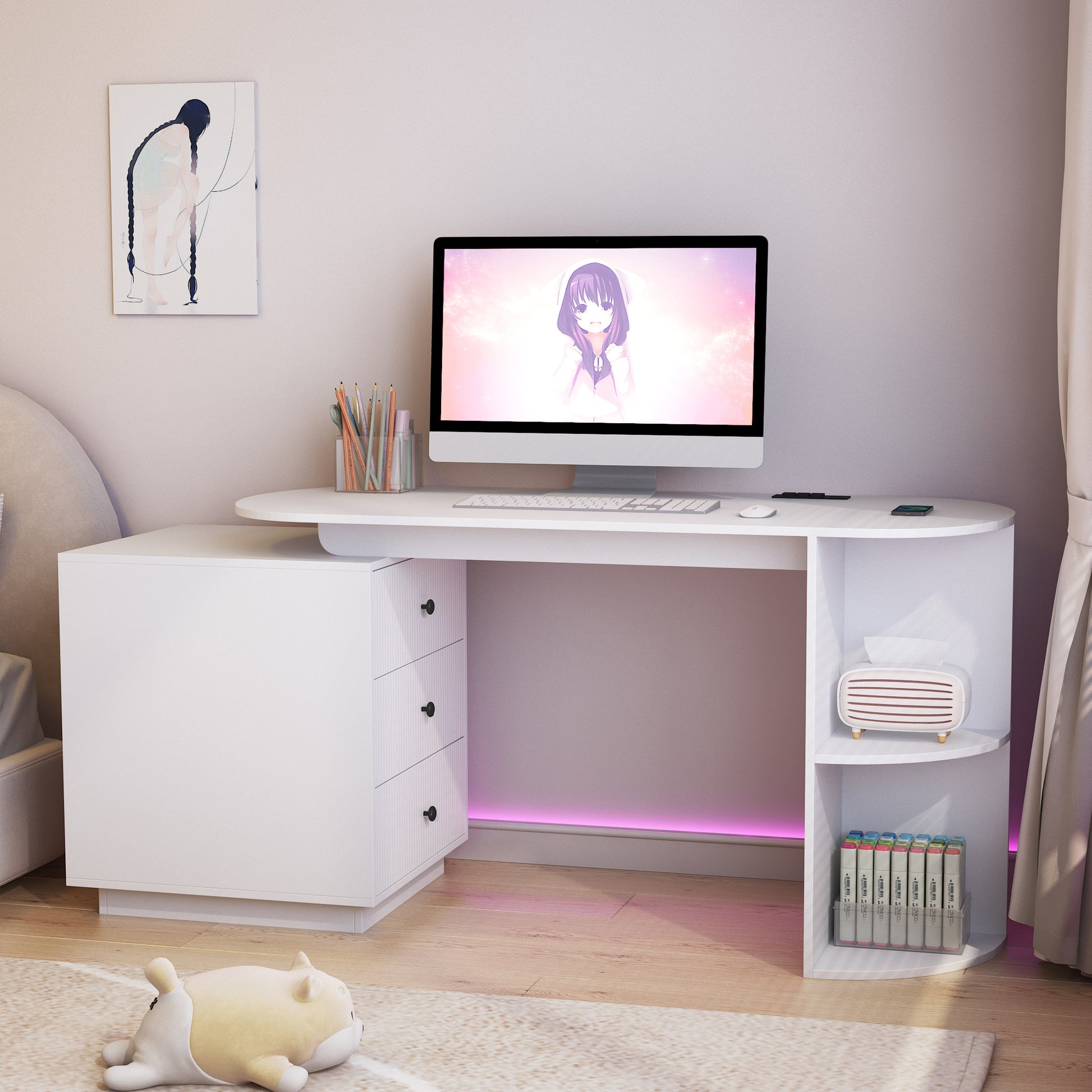 Modern Home Office Table,Expandable Desk With Storage Drawers & Open Shelf,Computer Desk With Hutch & Bookshelf,Wood Executive Desk Teens Student Desk Writing Laptop Home Office Desk