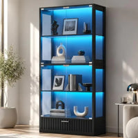 66 Display Cabinet with Glass Doors for Living Room, MDF Wood in Matte Black, 7-Color LED Lights and Fluted Drawer