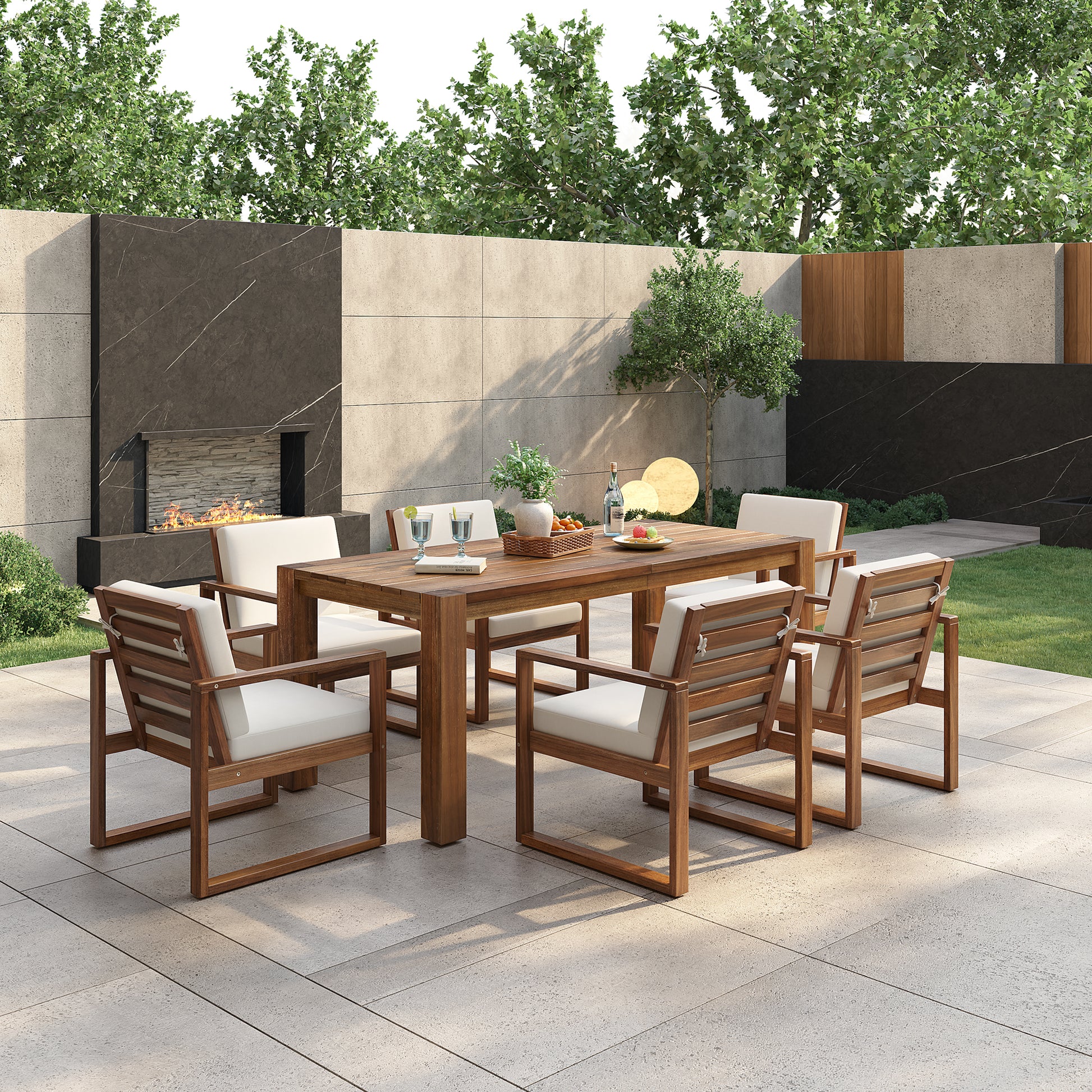 TREXM Patio Table And Chairs Set  Outdoor Dining Set For 6 With Umbrella Hole  7 Piece Outdoor Patio Furniture Set Wood Frame With Removable Cushion For Garden  Backyard  Lawn  And Poolside