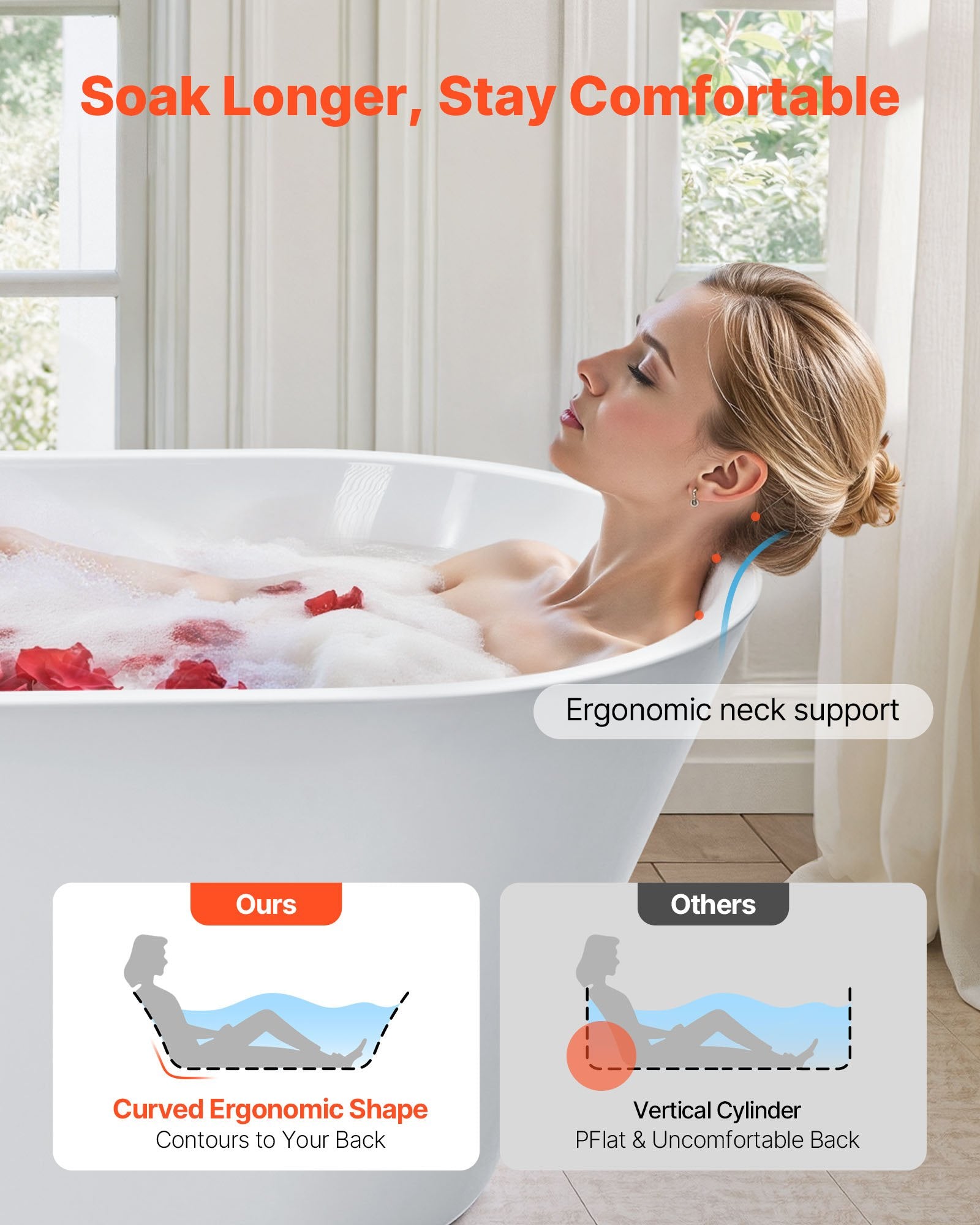 Acrylic Freestanding Bathtub, 59 Inch Contemporary Soaking White Tub With Brushed Nickel Overflow And Drain, Elegant Oval Shape Stand Alone Soaker Tub For Modern Bathroom Or Remodel Projects