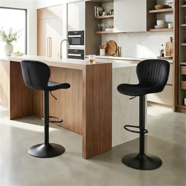 2-Pack Adjustable Height Bar Stools With 360° Swivel, Dutch Velvet Upholstered Bar Chai - Black