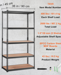 VEVOR Storage Shelving Unit, 5-Tier Adjustable, 2000 Lbs Capacity, Heavy Duty Garage Shelves Metal Organizer Utility Rack, Black,  For Kitchen Pantry Basement Bathroom Laundry