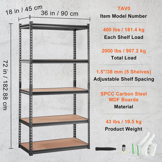 VEVOR Storage Shelving Unit, 5-Tier Adjustable, 2000 Lbs Capacity, Heavy Duty Garage Shelves Metal Organizer Utility Rack, Black,  For Kitchen Pantry Basement Bathroom Laundry