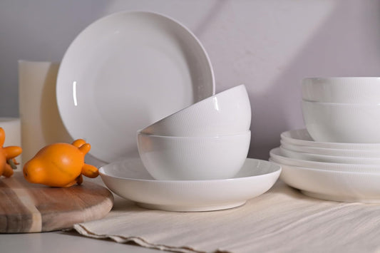 Setaria Bone China Dinnerware Set, 12 Pieces, Service For 4, Plates, Dishes, Bowls Set, Microwave And Dishwasher Safe, Ivory White With Narrow Curve Stripe