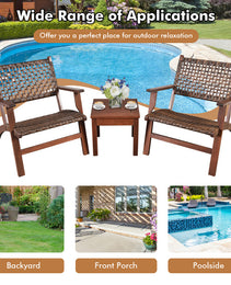 3 Pieces Outdoor Wooden Patio Rattan Furniture Set