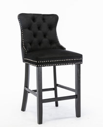 Contemporary Velvet Upholstered Barstools With Button Tufted Decoration And Wooden Legs, And Chrome Nailhead Trim, Leisure Style Bar Chairs,Bar Stools, Set Of 2 Black,SW2002BK