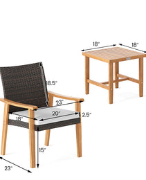 3 Pieces Patio PE Wicker Furniture Set Acacia Wood Outdoor Conversation Bistro Set