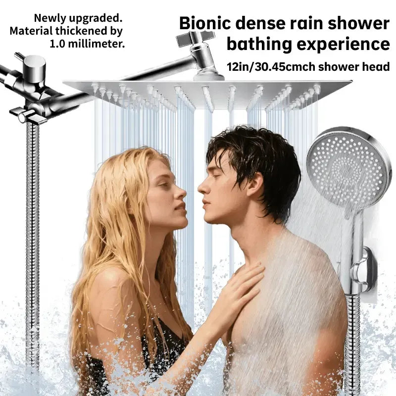 12-inch High-Flow Square Shower Head Set - Water-Saving Rain Shower With 3-Level Handheld Spray