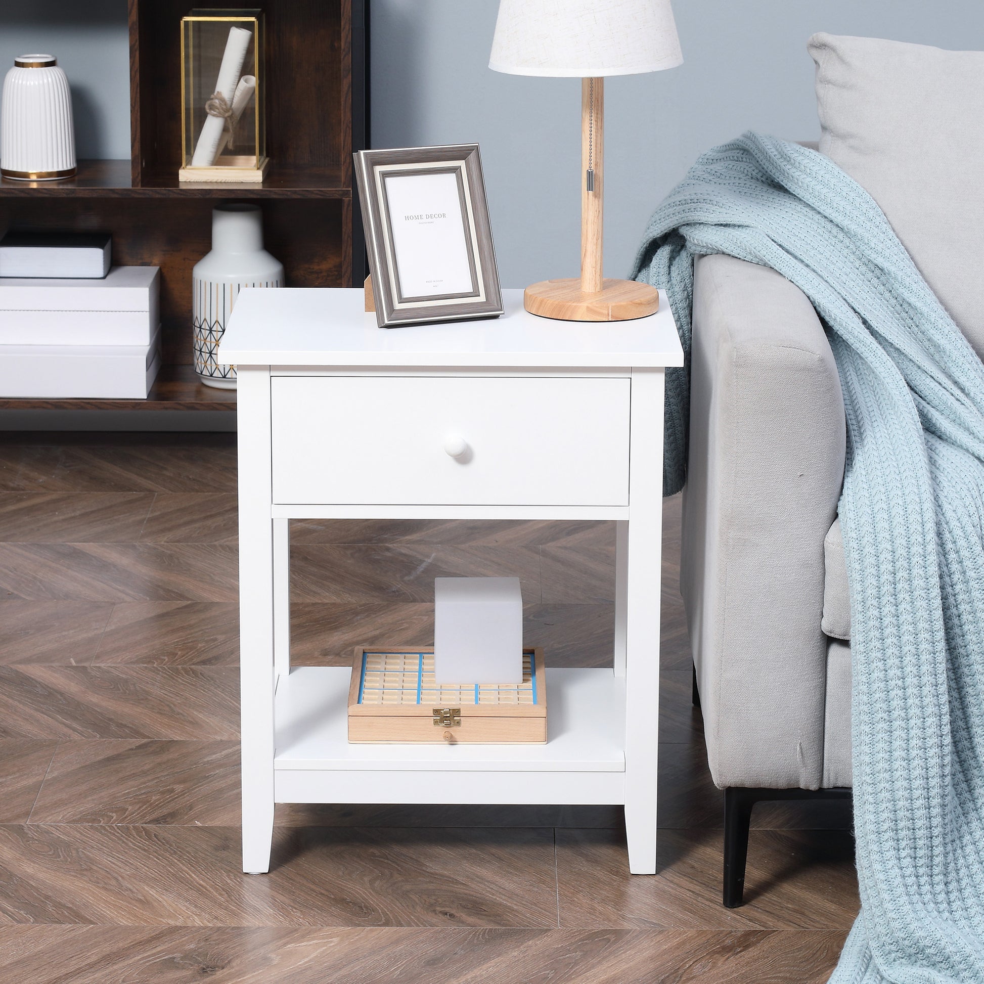 End Table, 2-tier Side Table With Drawer And Storage Shelf, Modern Side Table For Living Room, White