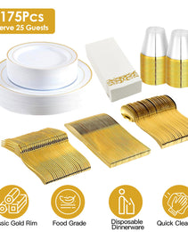 Set Of 175Pcs Disposable Gold Dinnerware Set Gold Rim Plastic Plates Cups Fork Spoon Knife Paper Napkins For Party Wedding Graduation