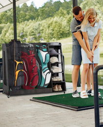 Gray Wooden Golf Bag Storage Rack With 3 Drawers, Holds 2 Stand Bags  14 Clubs, Organizer For Golf Balls, Shoes  Accessories, Heavy Duty For Garage, Indoor Outdoor Use, Easy Assembly