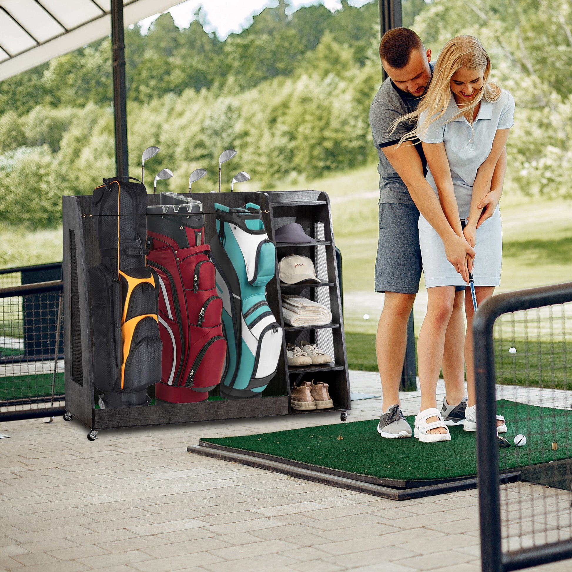 Gray Wooden Golf Bag Storage Rack With 3 Drawers, Holds 2 Stand Bags  14 Clubs, Organizer For Golf Balls, Shoes  Accessories, Heavy Duty For Garage, Indoor Outdoor Use, Easy Assembly