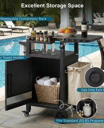 K&K 33.9  Outdoor Grill Cart With Drop Leaf, Outdoor Metal Bar Cart Pizza Oven Table With Wheels, Stainless Steel Top, Outdoor Kitchen Island With Storage Cabinet & Spice & Paper Rack For BBQ, Waterpr
