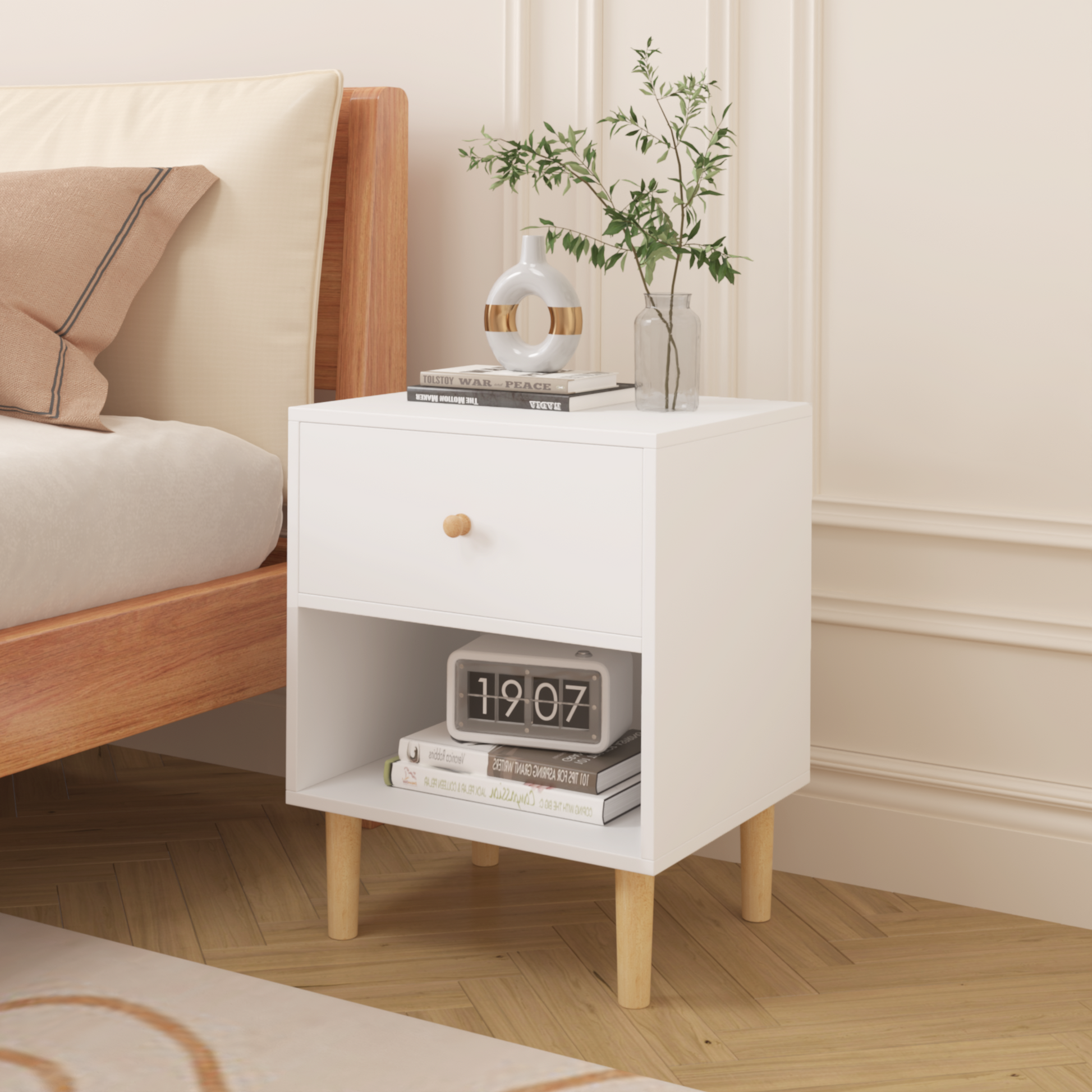23.22''H Wooden Nightstand With One Drawer One Shelf For Kids, Adults, White
