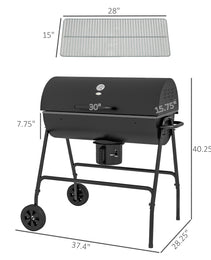 Barrel Charcoal BBQ Grill, Barbecue with 420 sq.in. Cooking Area, Wheels, Ash Catcher, Black