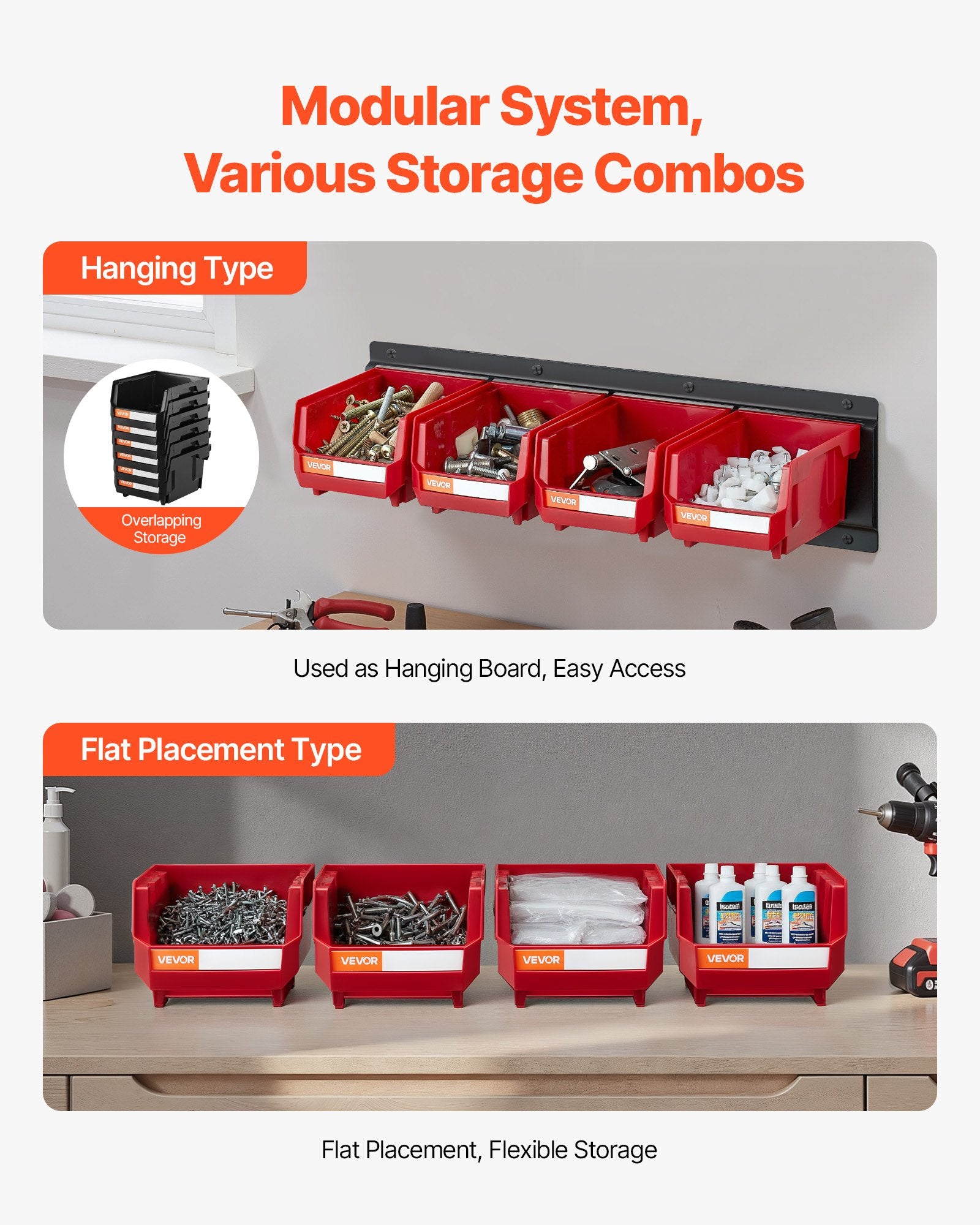 Wall Mounted Storage Bins, 12 Plastic Bins & 3 Metal Rails, Plastic Hanging Stackable Storage Bin For Screws, Nuts, Bolts, Nails, Hardware Tool Organizer For Workshop, Craft Room, Garage, Red