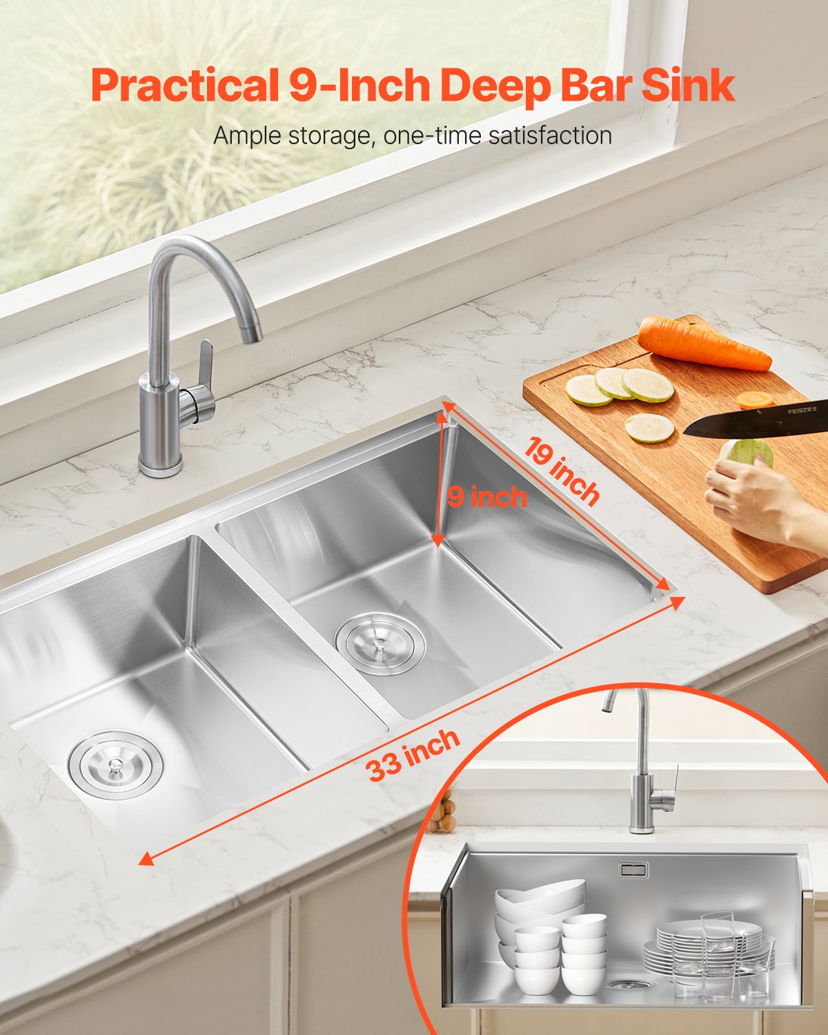 33' Kitchen Sink Undermount Double Bowl Drop-In Basin Stainless Steel Bar