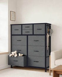 10-Drawer Dresser With Side Pocket & Hooks, Storage Cabinet With Wood Top For Bedroom Closet Organization