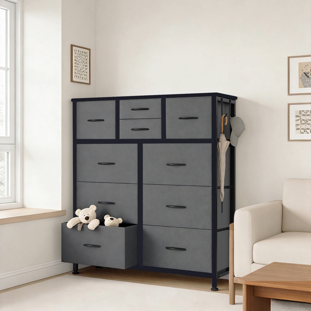 10-Drawer Dresser With Side Pocket & Hooks, Storage Cabinet With Wood Top For Bedroom Closet Organization