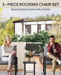 3 Pieces Bistro Set, Patio Wicker Furniture Set with Button Tufted Cushions, Rattan Rocking Chairs, Coffee Table, Gray
