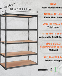 VEVOR Storage Shelving Unit, 5-Tier Adjustable, 2000 Lbs Capacity, Heavy Duty Garage Shelves Metal Organizer Utility Rack, Black, For Kitchen Pantry Basement Bathroom Laundry
