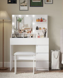 Vanity, Makeup Vanity Desk Set With Mirror  Light, Dressing Table Storage Lots With Power Strip, 3 Lighting Modes With Adjustable Brightness, 37 Inches White With Stool - CJDS