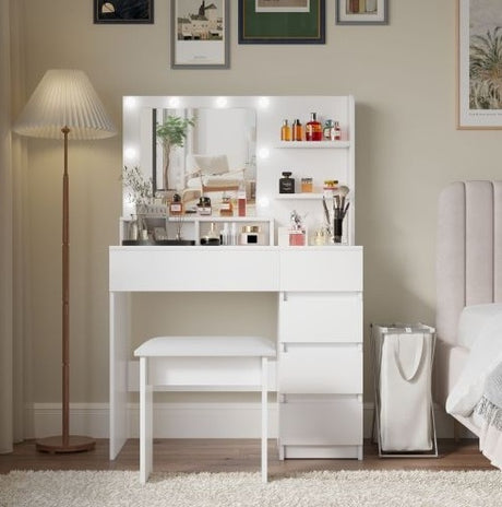 Vanity, Makeup Vanity Desk Set With Mirror  Light, Dressing Table Storage Lots With Power Strip, 3 Lighting Modes With Adjustable Brightness, 37 Inches White With Stool - CJDS