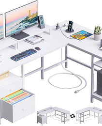 L-shaped Office Desk With Power Socket, Reversible Computer Game Table, Fabric Drawer, And 2 Monitor Stands