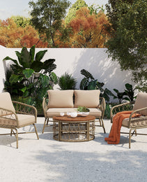 GO Bohemia-inspired 4-Person Outdoor Seating Group With Removable Cushions, Conversation Patio Set With Wood Tabletop, Beige