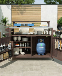 K&K 53.3  Outdoor Kitchen Island With Raised Shelf, Solid Wood Storage Cabinet With Stainless Steel Top, Outdoor Rolling Grill Cart With Internal Storage Rack, Adjustable Shelf, Spice Rack, Brown