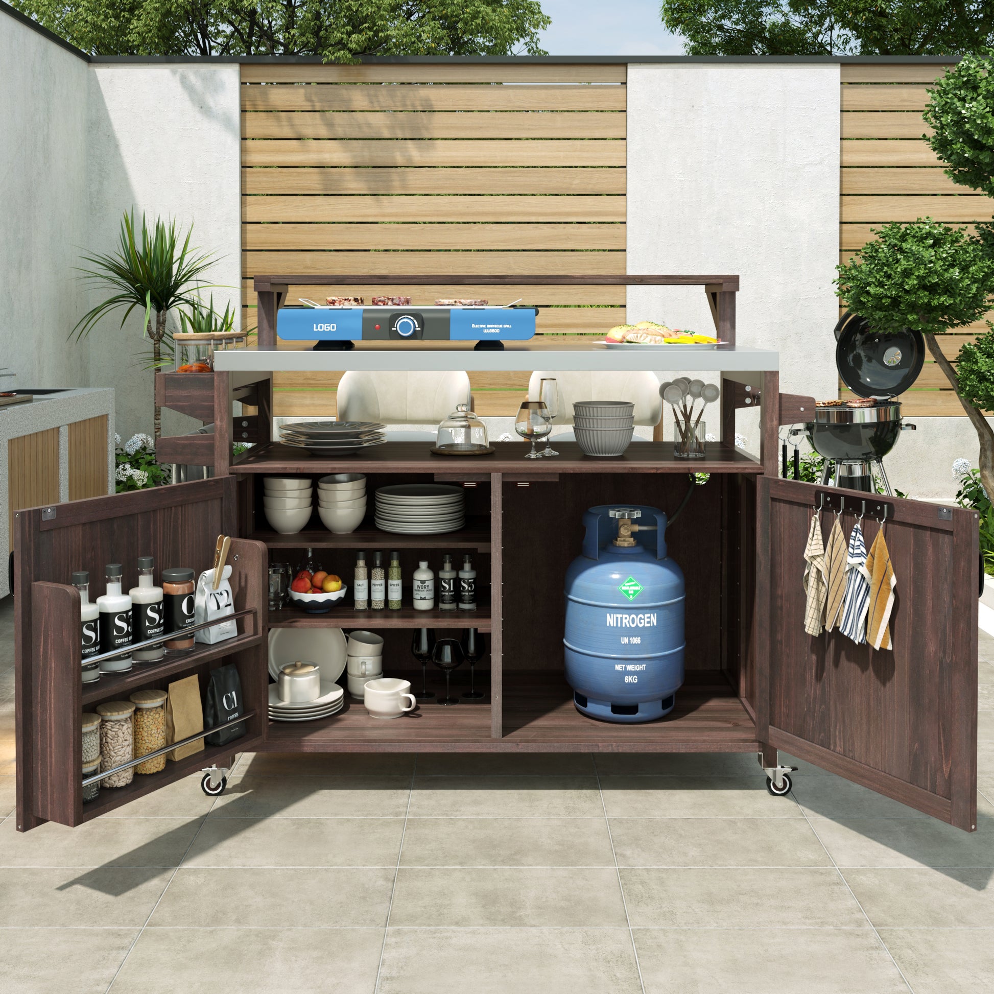 K&K 53.3  Outdoor Kitchen Island With Raised Shelf, Solid Wood Storage Cabinet With Stainless Steel Top, Outdoor Rolling Grill Cart With Internal Storage Rack, Adjustable Shelf, Spice Rack, Brown
