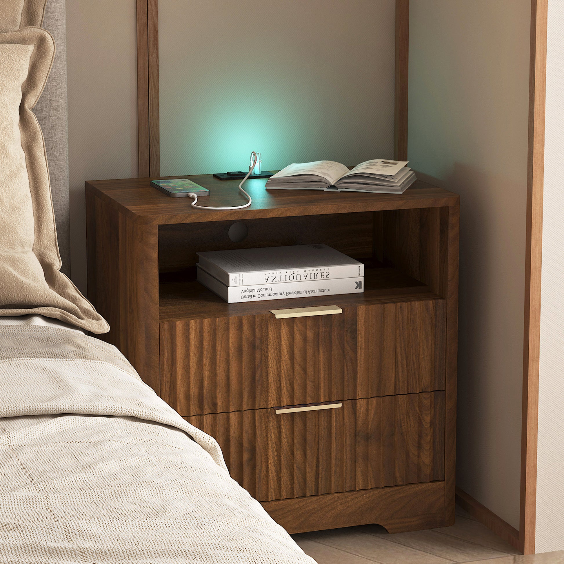 Nightstand With Charging Station, Smart Nightstand With Night Light,Bedside Tables With Storage Cabinet For Bedroom, Wood
