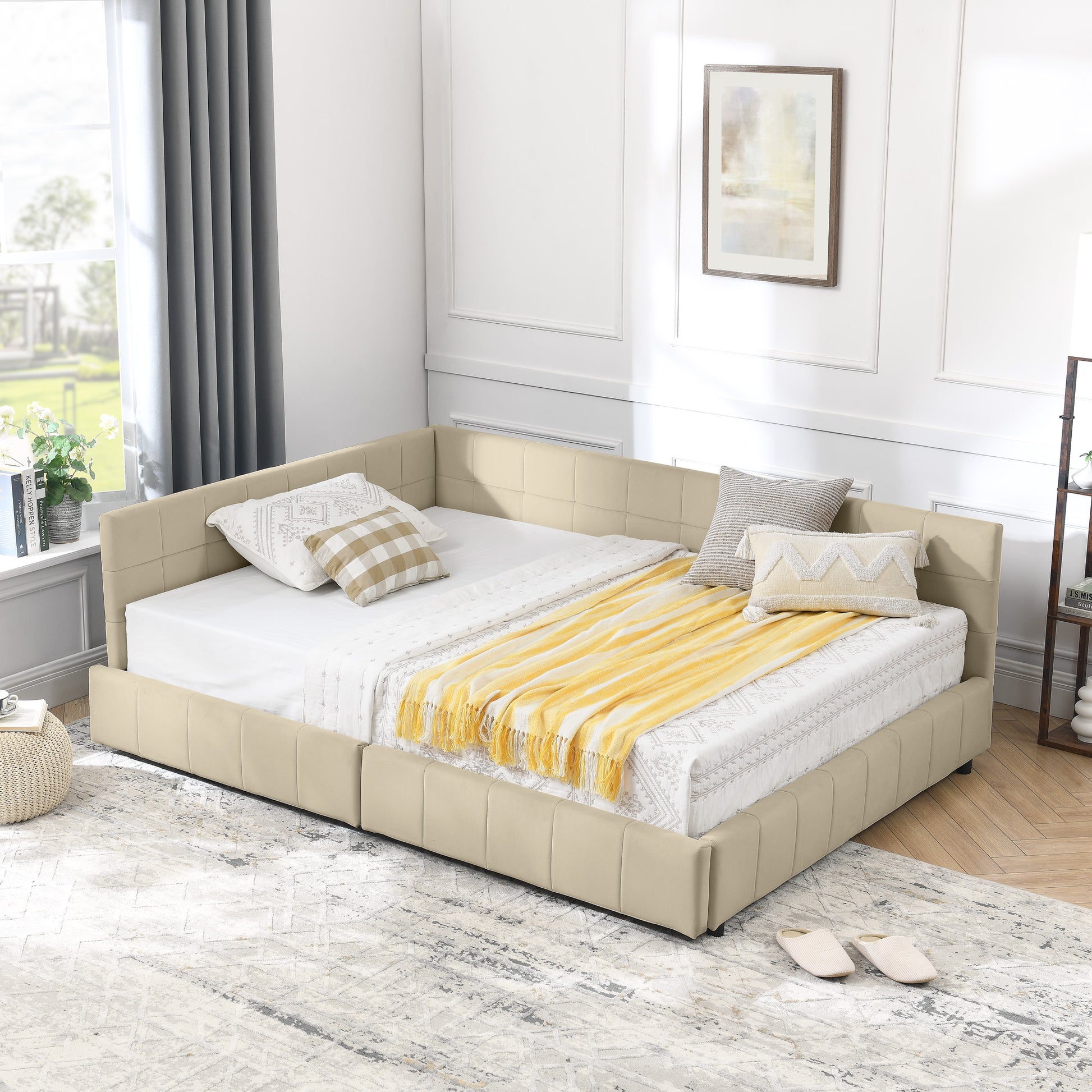 Full Size Storage Upholstered Tufted Bed Frame, Sofa Bed Frame With Comfortable Backrest And Armrests, Full Size Bed For Bedroom, Living Room,Velvet, BEIGE 80.5x59x29.5