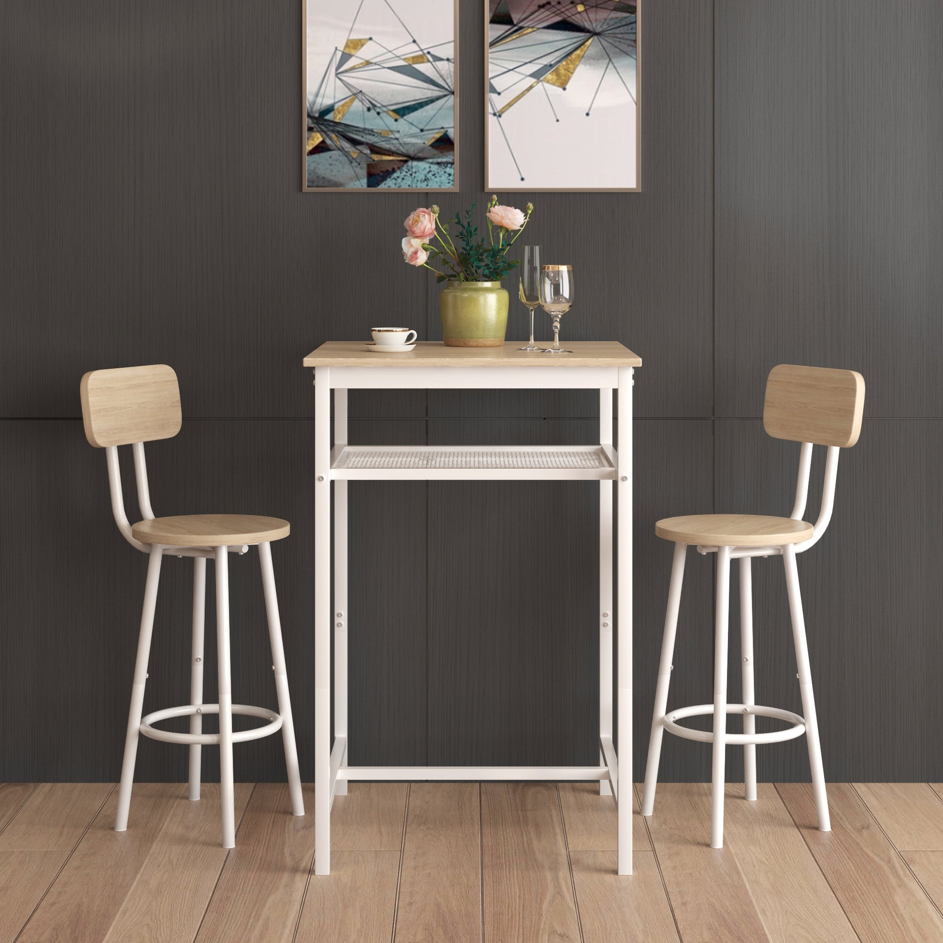 Bar Table, Equipped With 2 Bar Stools , With Backrest And Partition Beige