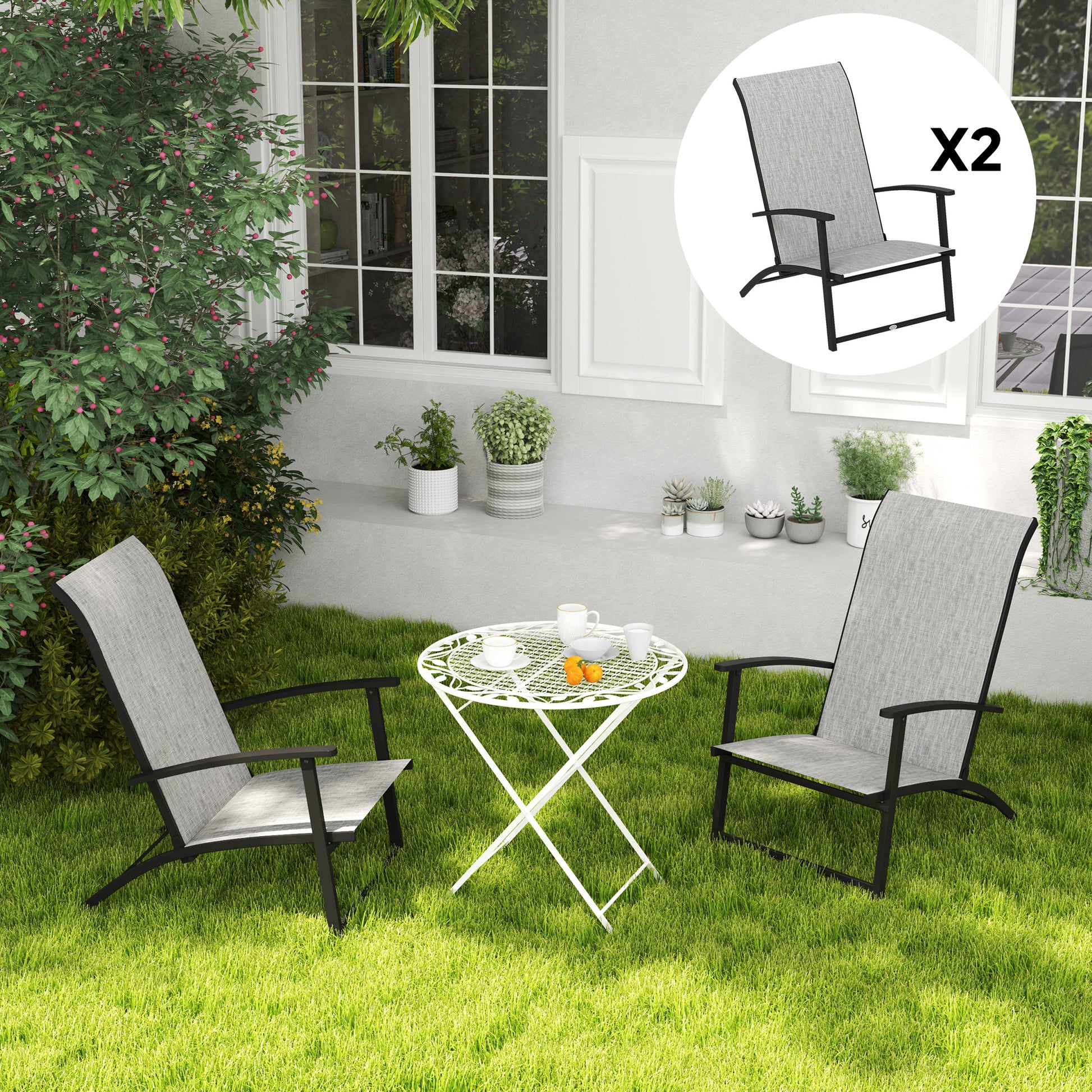 Set of 2 Outdoor Dining Chairs with High Back, Armrests, Folding Patio Chairs for Patio, Lawn, Camping, Gray