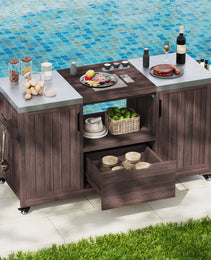 K&K 66.5 Outdoor Kitchen Island, Solid Wood Outdoor Grill Cart, Equipped With Stainless Steel Countertop And Drawers, Compatible With Large Green Egg Grill, Carducci Dark Brown.
