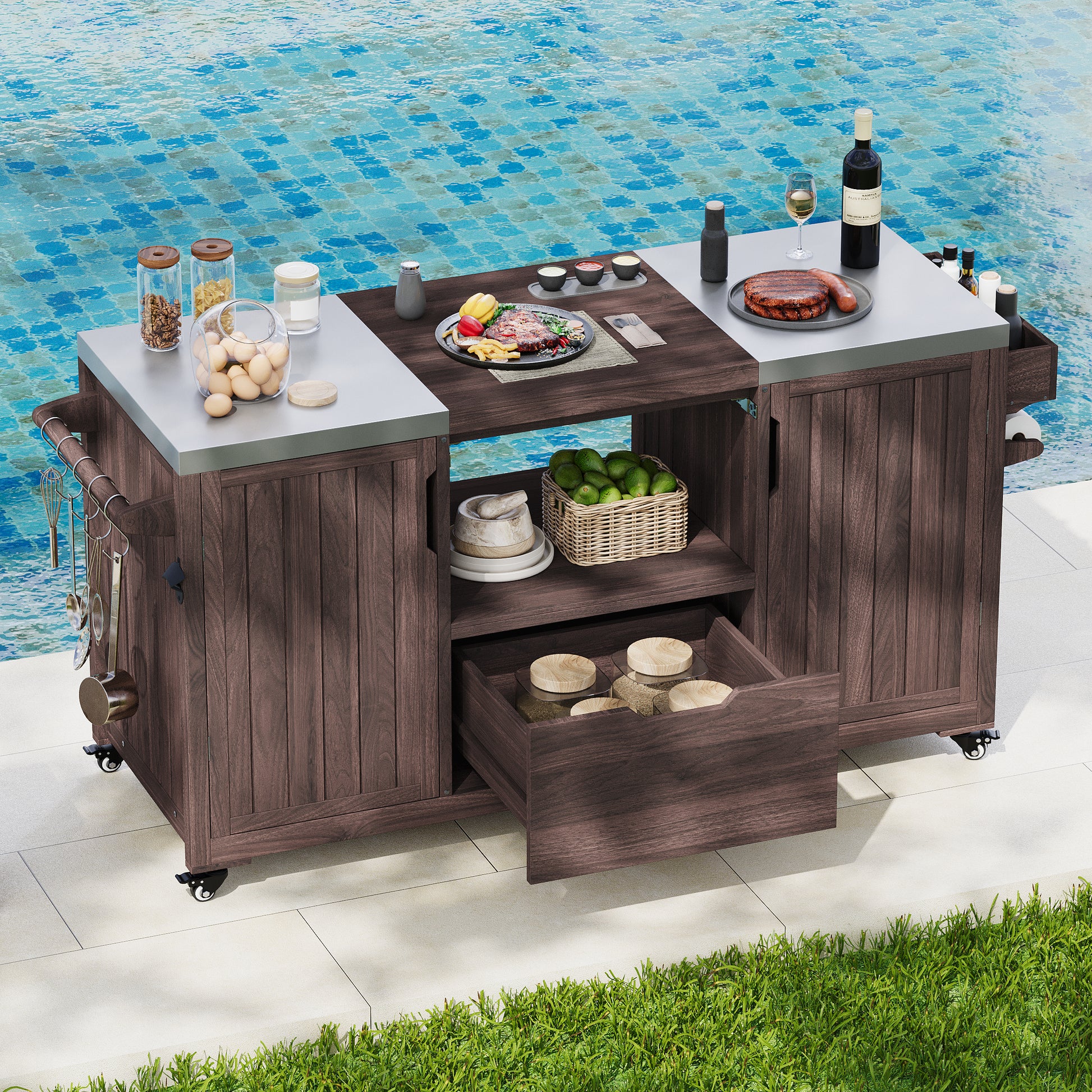 K&K 66.5 Outdoor Kitchen Island, Solid Wood Outdoor Grill Cart, Equipped With Stainless Steel Countertop And Drawers, Compatible With Large Green Egg Grill, Carducci Dark Brown.