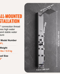 Shower Panel System, 5 Shower Modes, Digital Display Shower Panel Tower, Rainfall, 8 Massage Jets, Tub Spout, 3-Setting Handheld Shower Head 59 Hose, Stainless Steel Wall-Mounted Shower Set