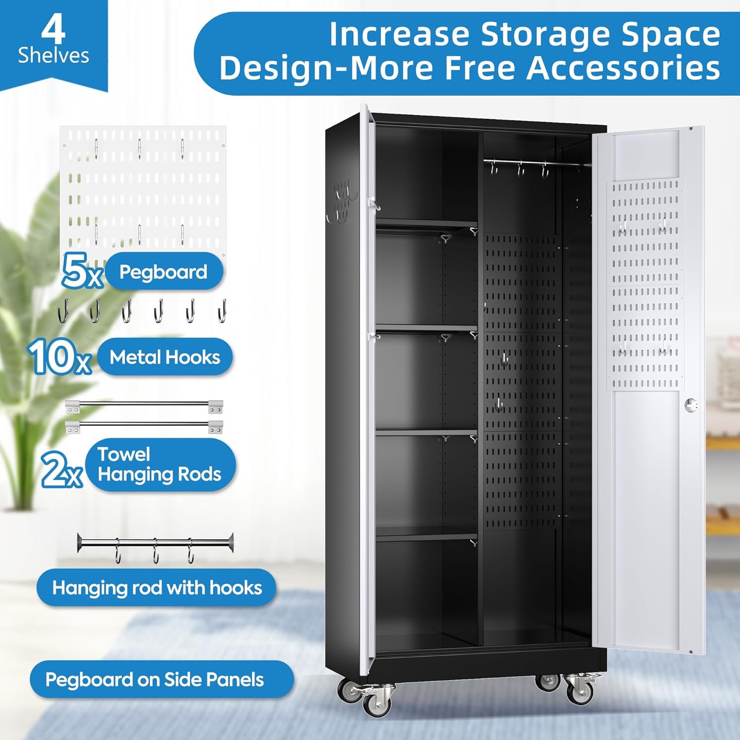 Broom Closet Storage Cabinet With Wheels And Pegboard,Metal Garage Storage Cabinet With Lockable And Magnetic Doors,Adjustable Shelves For Garage Home Office,Required Assembly,Black And White