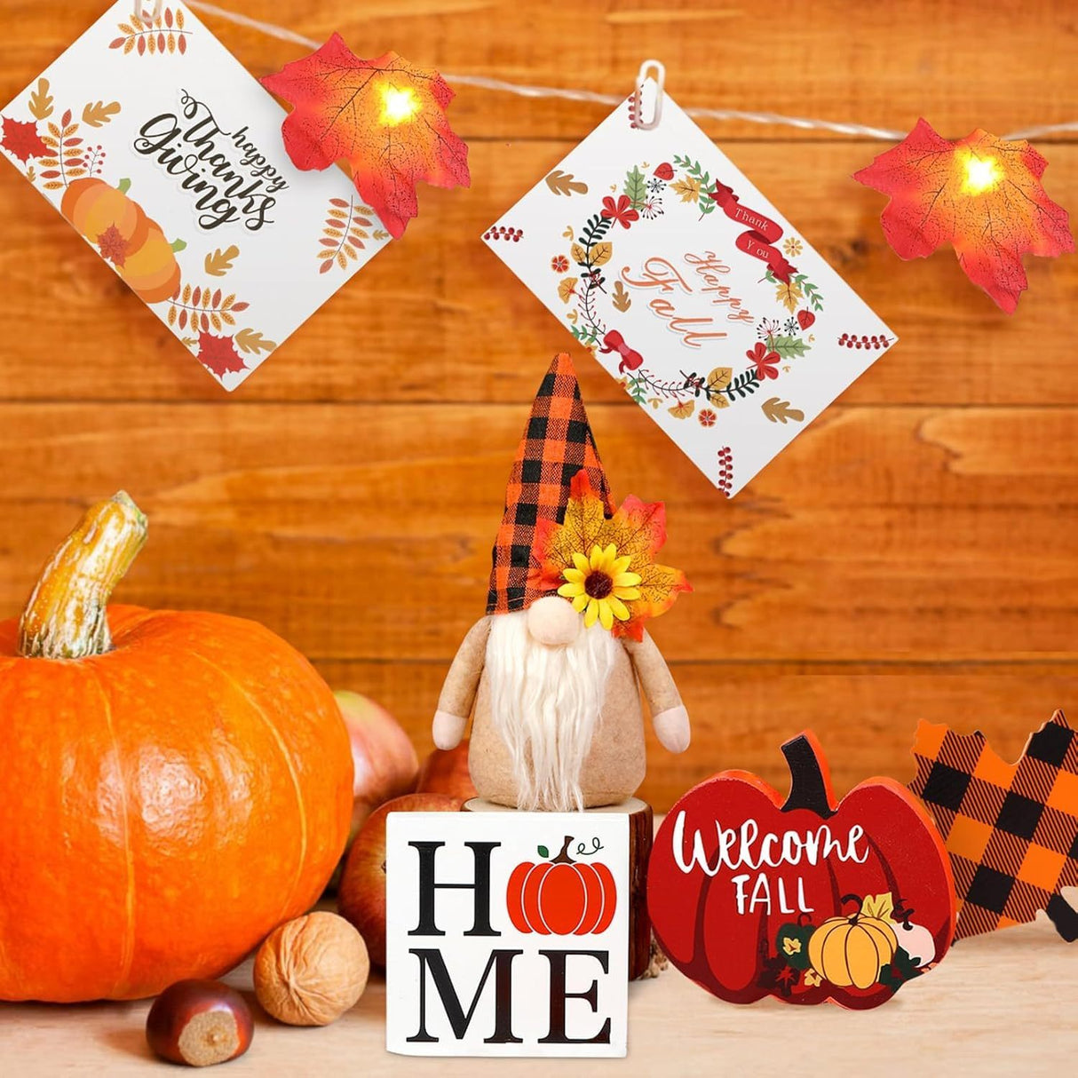 Fall Gnome Tiered Tray Decorations Set Farmhouse Pumpkin Decor Autumn Maple Leaf Table Centerpieces With Fall String Lights Thankgiving Day Fall Greeting Card Autumn Harvest Decorations - CJDS - FC