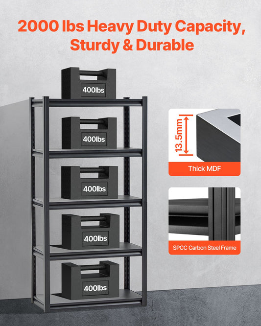 Storage Shelves, 2000 Lbs, 5 Tier Garage Storage Shelving, 16" D X 32" W X 63" H Adjustable Metal Shelves For Garage Shelves Utility Rack Shelf, Ideal For Kitchen, Warehouse, Basement, Black