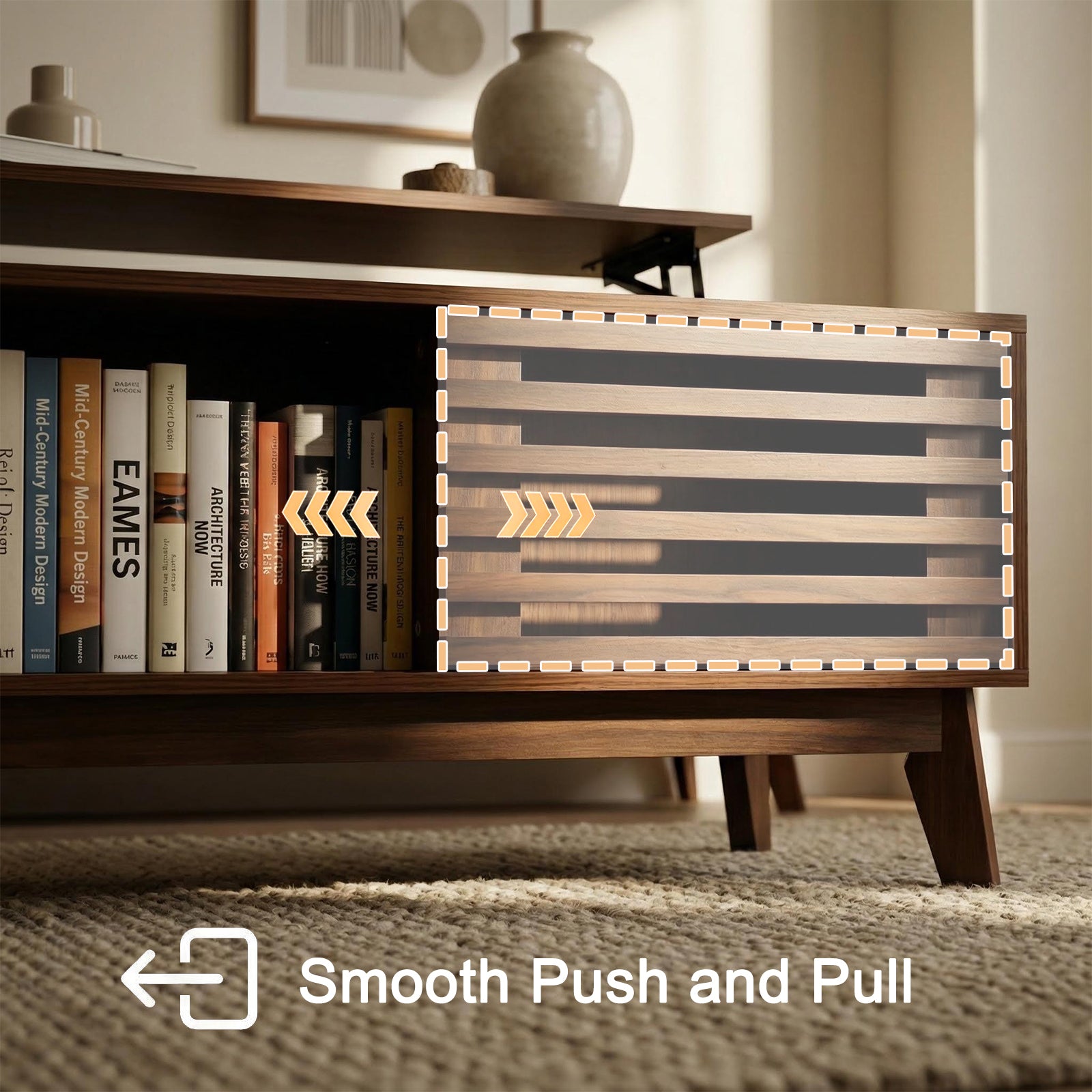 Lift Top Coffee Table With Storage, Mid Century Modern Coffee Table With Slatted Sliding Door And Hidden Compartment, 35.4 Coffee Table With Lifting Top, Coffee Tables For Living Room, Walnut