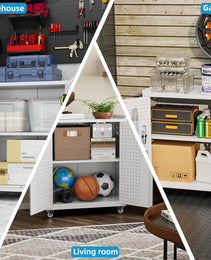 Metal Storage Cabinet With 2 Doors And 4 Hooks,Top Workbench Mobile Tool Chests Garage Cabinets With 4 Wheels And Lock Push Arm For Home,Office,Shop White