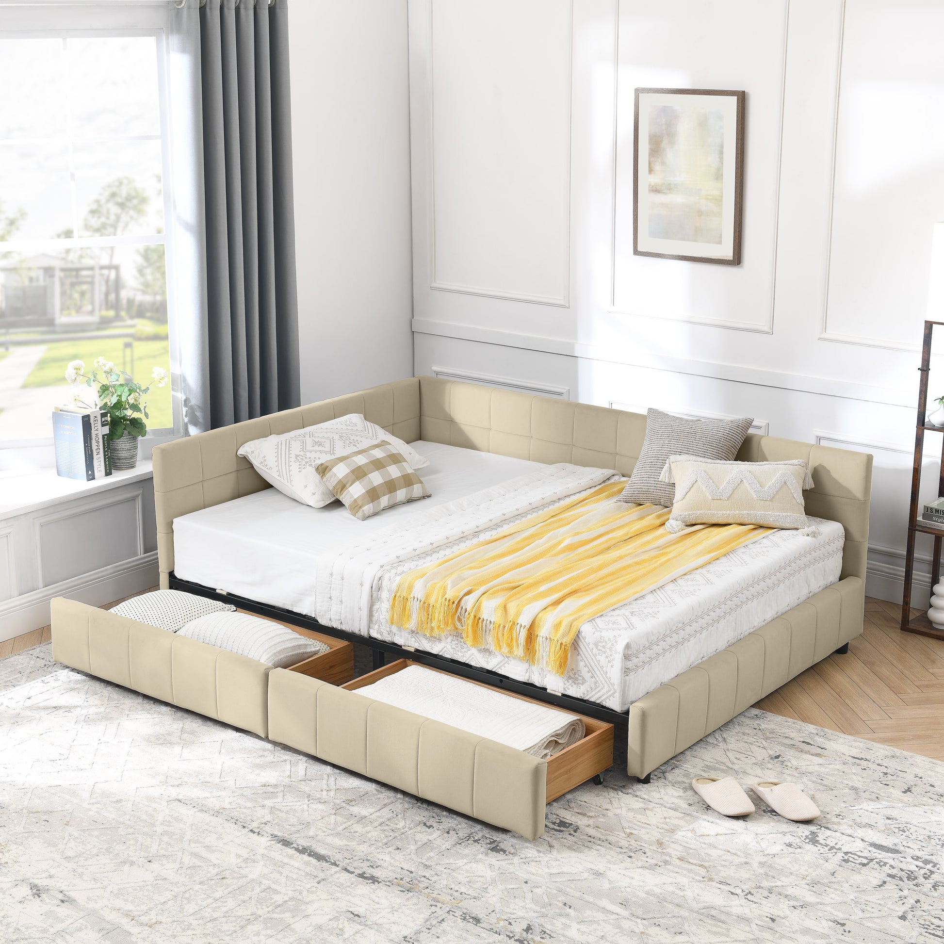 Full Size Storage Upholstered Tufted Bed Frame, Sofa Bed Frame With Comfortable Backrest And Armrests, Full Size Bed For Bedroom, Living Room,Velvet, BEIGE 80.5x59x29.5