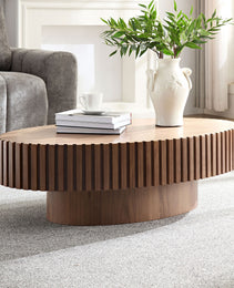 Modern Handcraft Drum Coffee Table Length 43.7 Inch Ellipse Coffee Table For Living Room,Oval Small Coffee Table With Sturdy Pedestal,Walnut MDF