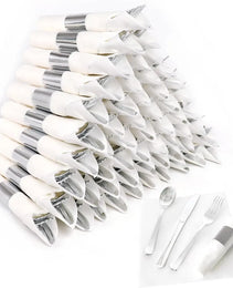 50 Pack Pre Rolled Rose Gold Plastic Silverware Set,Wrapped Plastic Cutlery Set With Napkin Include 50 Forks,50 Spoons,50 Knives And 50 Black Napkins For Party, Wedding